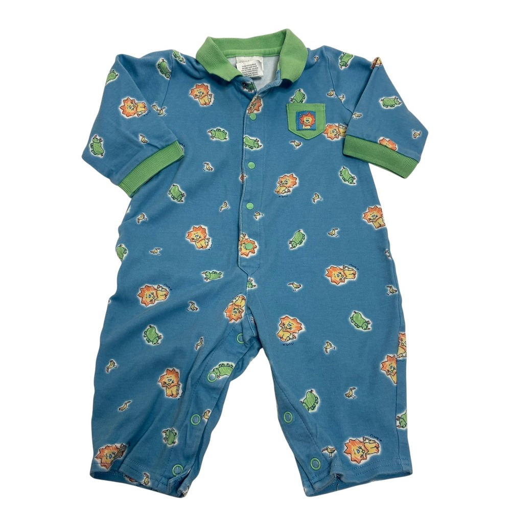 Carter's Baby 6-9M Romper Blue Vintage 2001 Lion Turtle Animal Print Snap Up